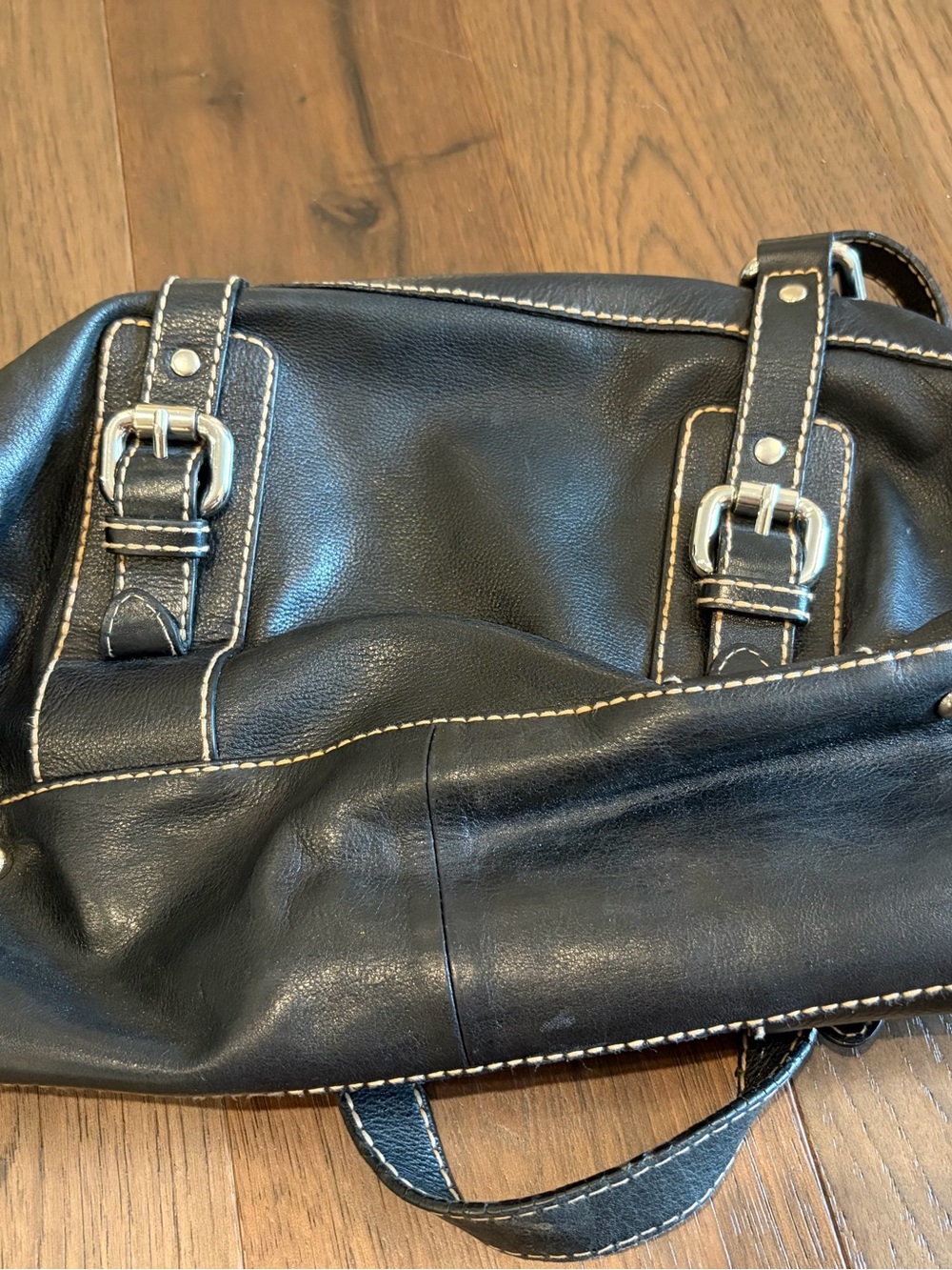 Fossil Black Leather Contrast Stitch Buckle Shoulder Bag Satchel - Picture 3 of 5